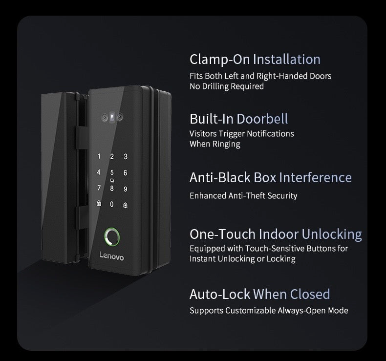Lenovo U2GF Smart Lock - Glass Doors - 3D Face Recognition - Rechargeable Lithium Battery