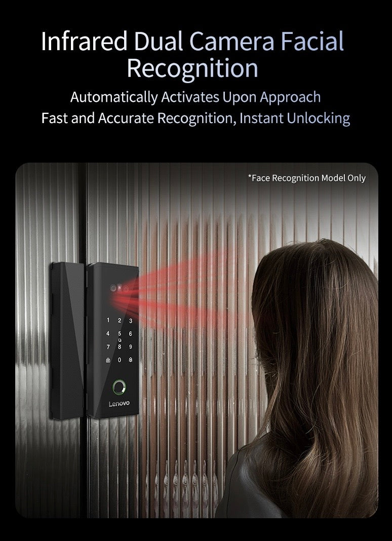 Lenovo U2GF Smart Lock - Glass Doors - 3D Face Recognition - Rechargeable Lithium Battery