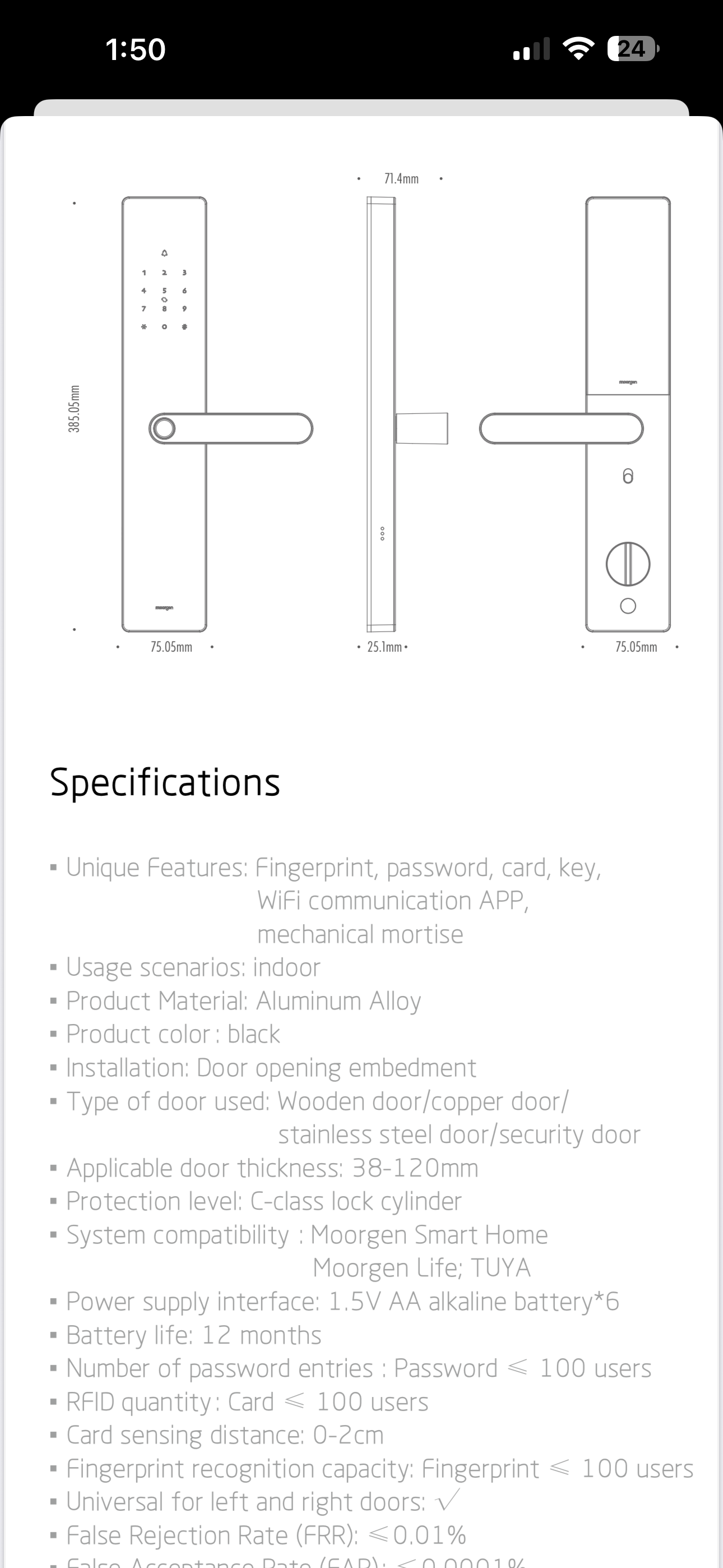 T12 Moorgen Smart Lock - Glass Interface - Office Mode
