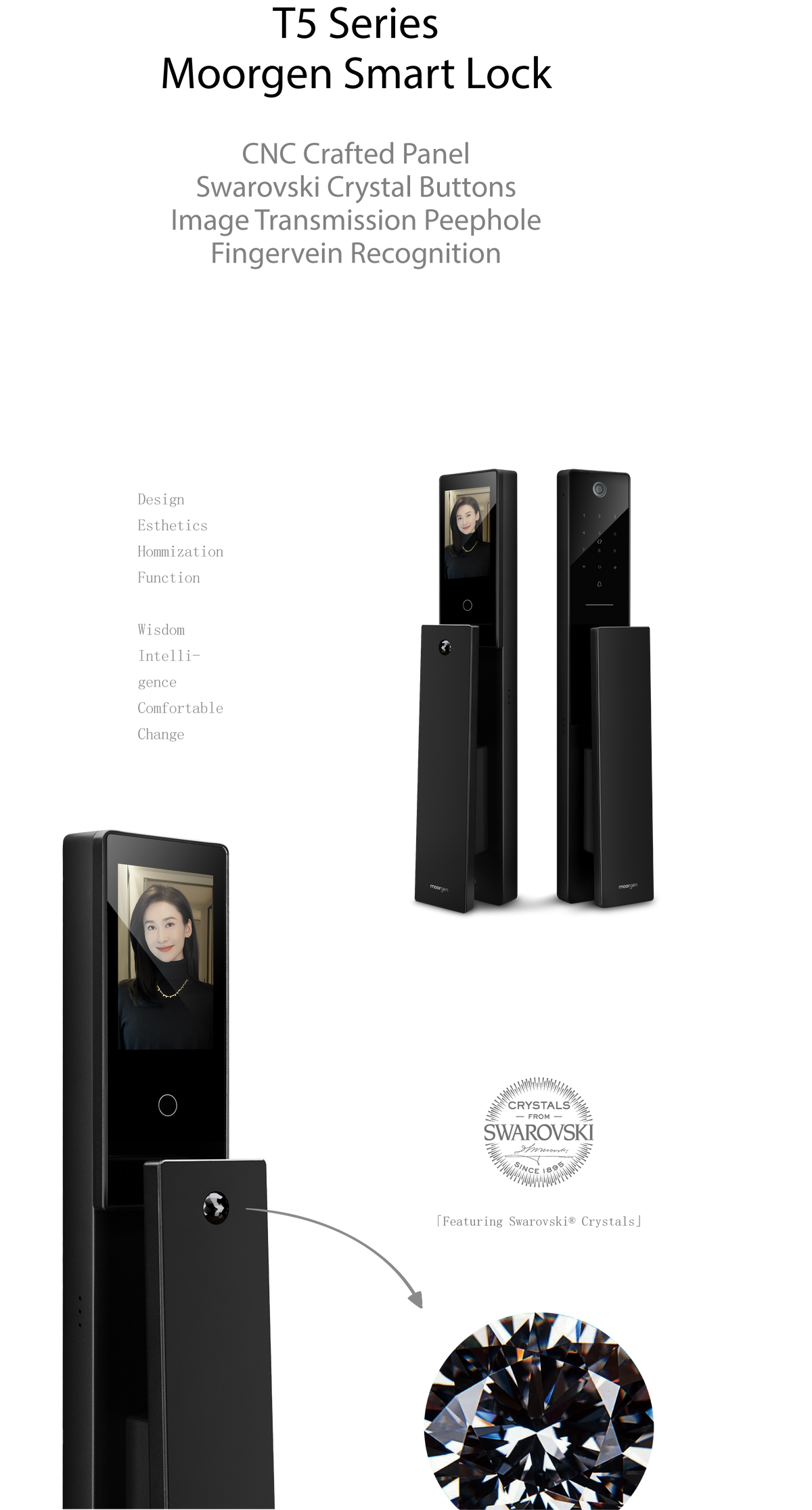 T5+ Swarovski Moorgen Smart Lock - Black