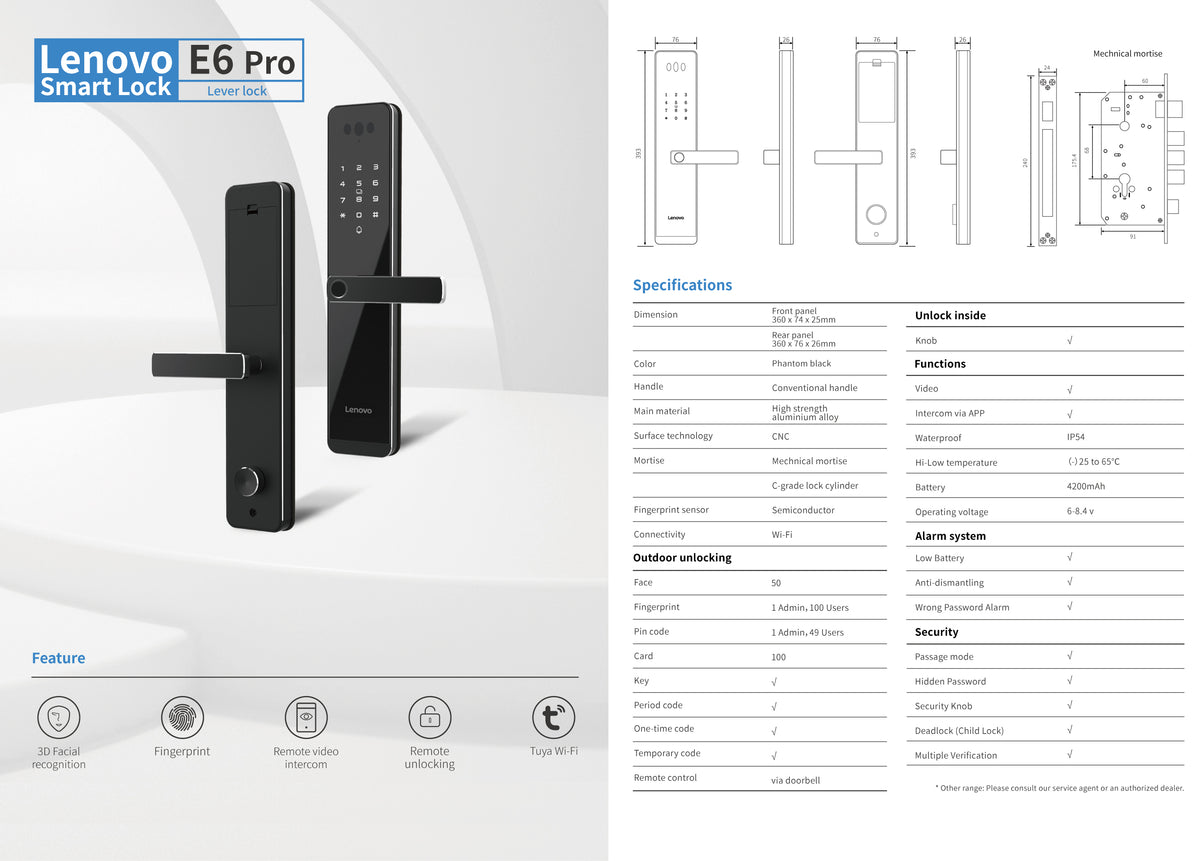 Lenovo E6PRO Smart Lock - 3D Face Recognition - Live Video Surveillance & Video Intercom