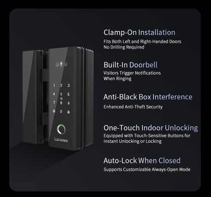 Lenovo U2GF Smart Lock - Glass Doors - 3D Face Recognition - Rechargeable Lithium Battery