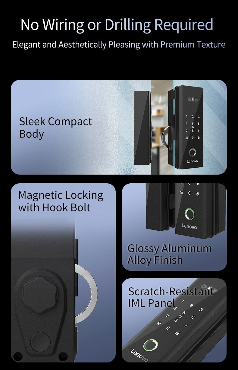 Lenovo U2GF Smart Lock - Glass Doors - 3D Face Recognition - Rechargeable Lithium Battery