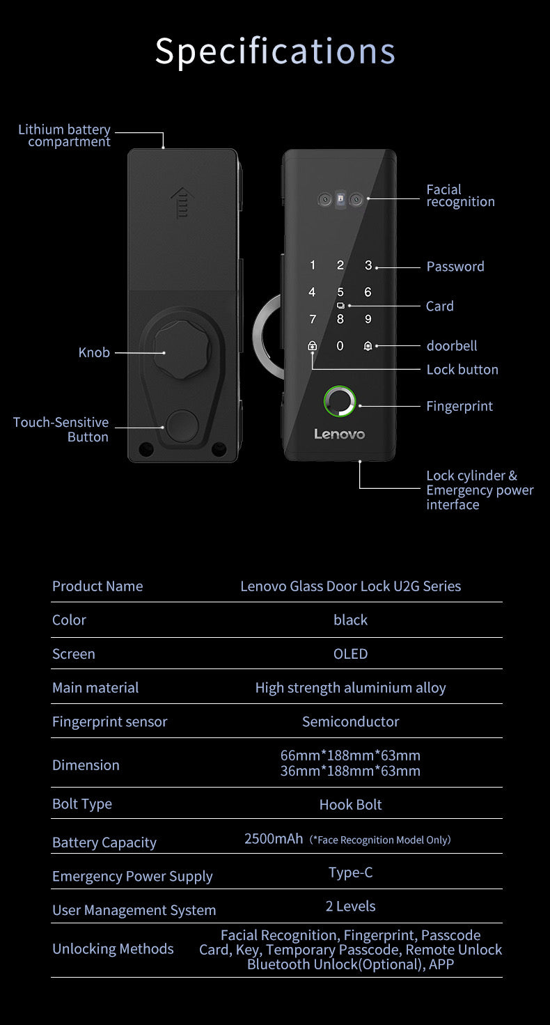 Lenovo U2GF Smart Lock - Glass Doors - 3D Face Recognition - Rechargeable Lithium Battery