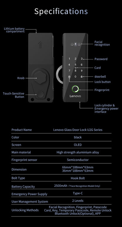 Lenovo U2GF Smart Lock - Glass Doors - 3D Face Recognition - Rechargeable Lithium Battery